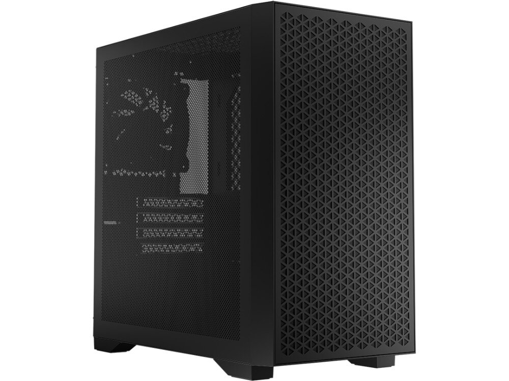 Obudowa LOGIC Dart Pro Mini Czarny Obudowa komputerowa w neutralnym świetle, ukazująca perforowany przedni panel i boczny panel z siatką mesh, standard Mini ATX, wielkość, przeznaczenie