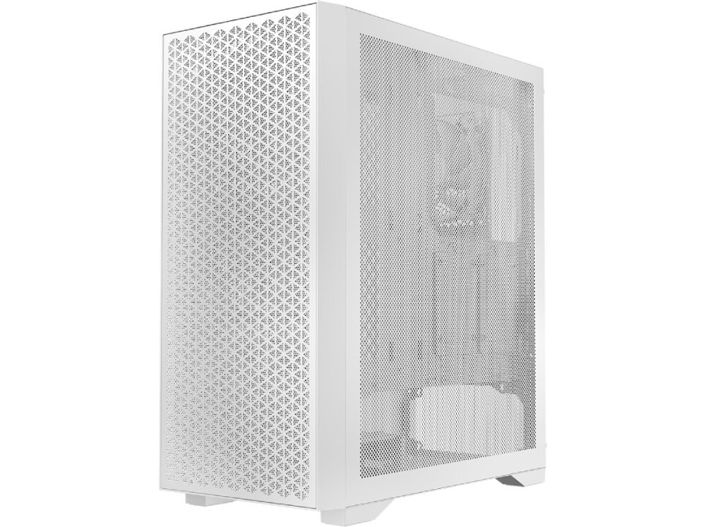 Obudowa LOGIC Dart Pro Midi Biała obudowa komputera z siatkowym panelem przednim i trzema wentylatorami RGB. Przez boczny panel z siatki widać wnętrze z dodatkowym wentylatorem, wentylacja, zalety, cechy