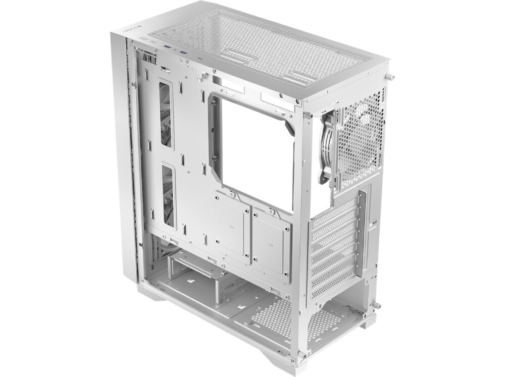 Obudowa LOGIC Dart Pro Midi Wnętrze obudowy komputera bez zamontowanych podzespołów. Widać miejsce na płytę główną, karty rozszerzeń, wentylatory, pojemność, chłodzenie wodne