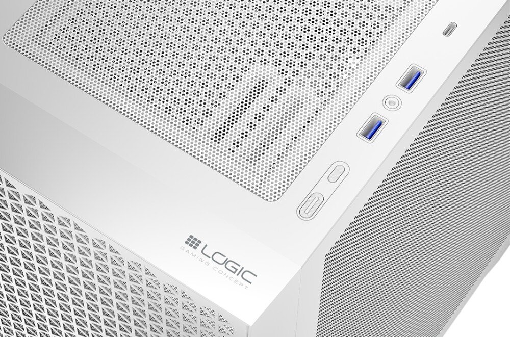 Obudowa LOGIC Dart Pro Midi Zbliżenie na górny panel obudowy komputera. Znajdują się na nim dwa porty USB, gniazdo słuchawkowe, przyciski oraz perforowana powierzchnia wentylacyjna, porty, gniazda, przyciski