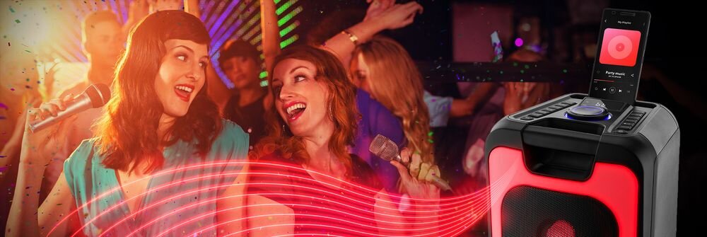 Głośnik JVC XS-EP424B USB AUX mikrofon gitara czarny minimalistyczny design, osoby trzymające mikrofony w ręku