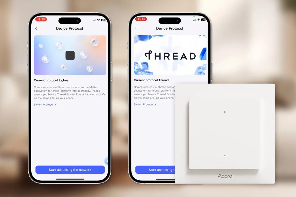Inteligentny przełącznik AQARA Light Switch H2 EU WS-K07D, kompatybilność, protokoły, zigbee, 2 smartfony z włączoną aplikacja thread, na pierwszym planie przełącznik