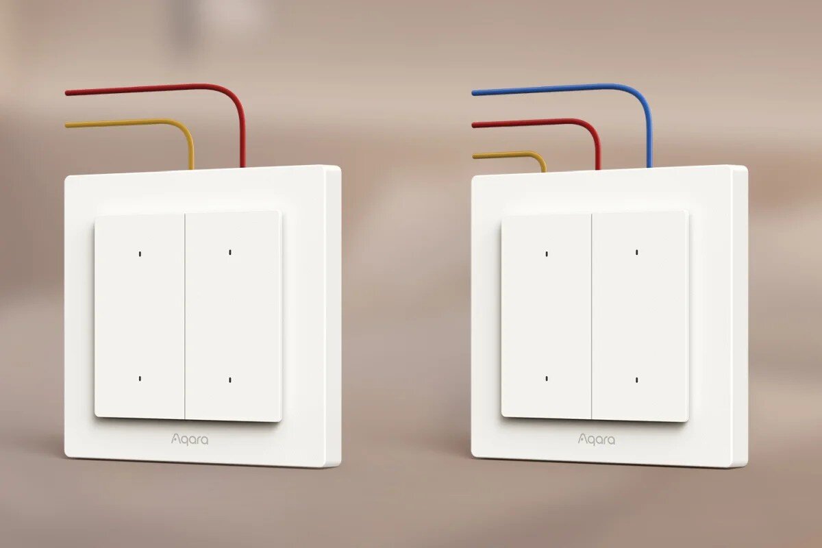 Inteligentny przełącznik AQARA Light Switch H2 EU WS-K08D, przewód neutralny, 2 możliwości, wizualizacja 2 przełączników, w których do jednego jest przewód neturalny a do drugiego bez przewodu neutralnego