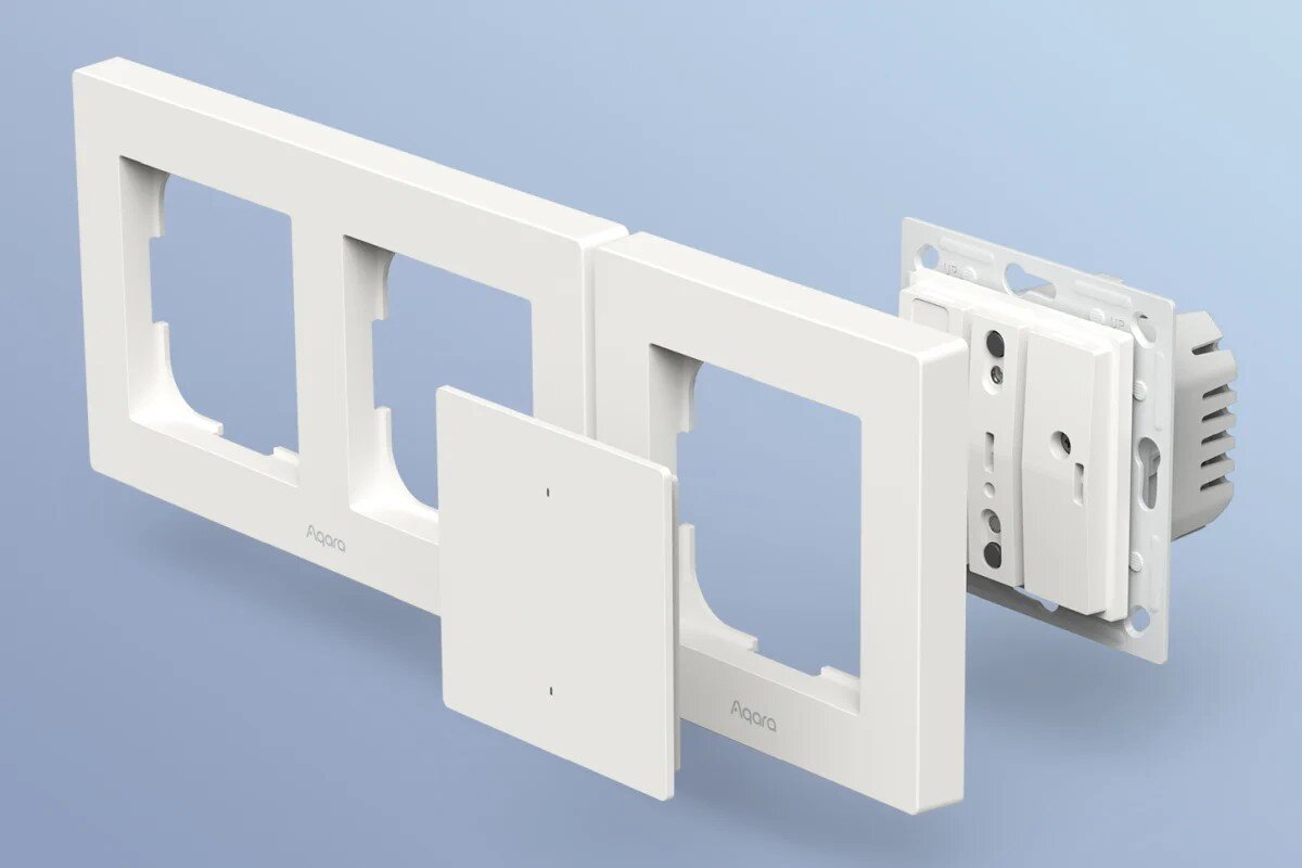 Inteligentny przełącznik AQARA Light Switch H2 EU WS-K08D, ramk, 55mm, standardy, merten, gira, Wizualizacja ramki do przełącznika wraz z modułem przełącznika, wszystko na niebieskim tle