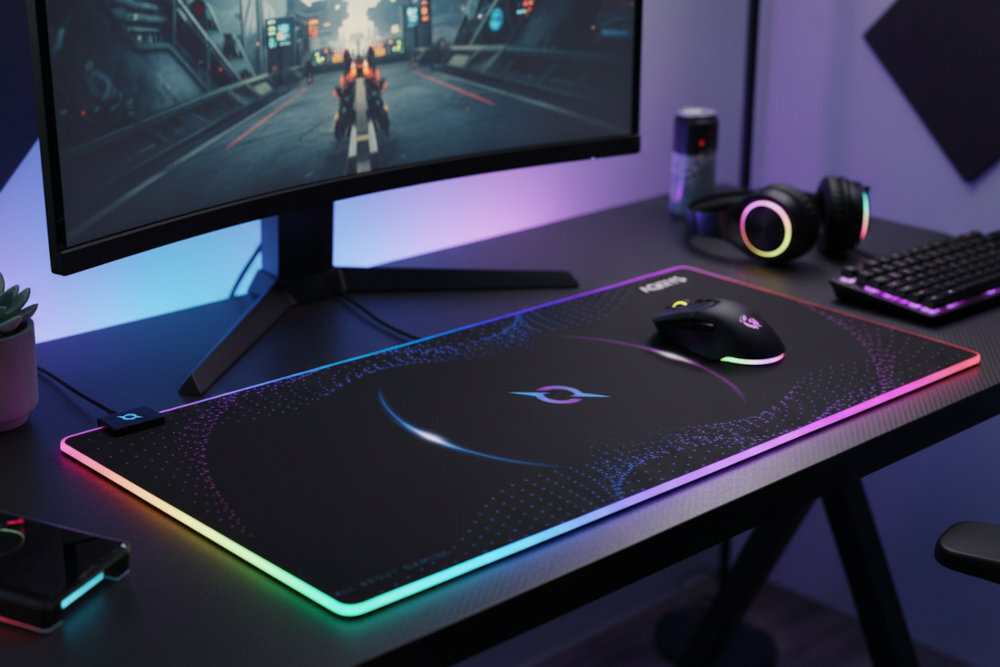 Podkładka AQIRYS Eclipse - podkładka na biurku, na niej mysz i klawiatura