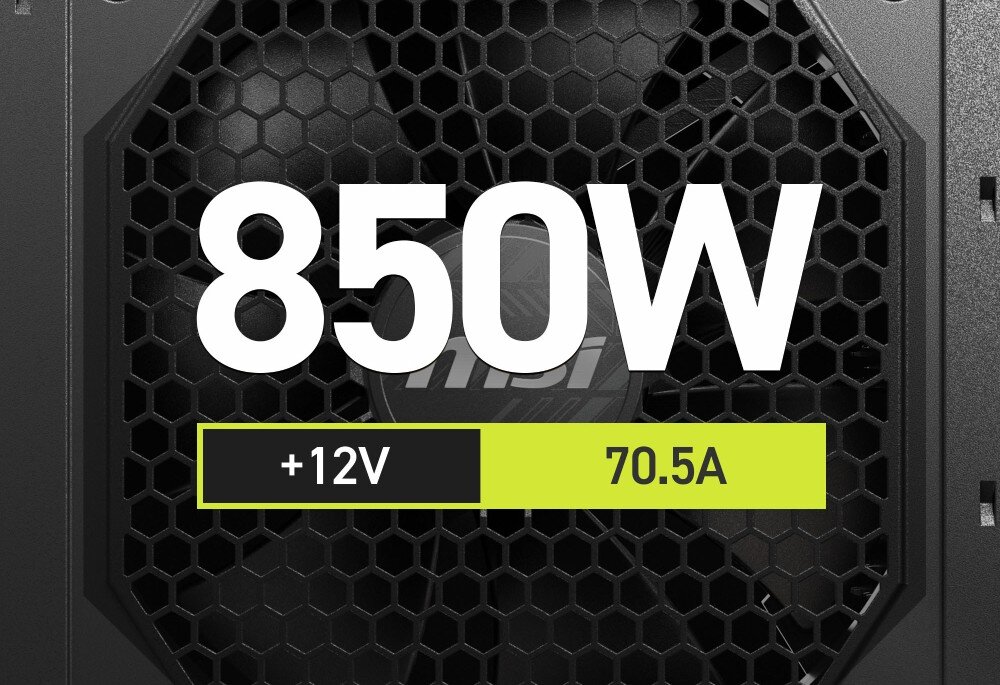 Zasilacz MSI MAG A850GL II Siatka wentylatora zasilacza z wyraźnym napisem '850W' i informacją '+12V 62.0A', na środku widoczne logo 'msi', konstrukcja, topologia, zabezpieczenia