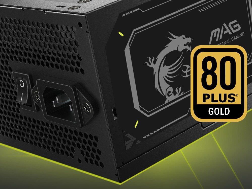 Zasilacz MSI MAG A850GL II Zbliżenie na tylny panel zasilacza z włącznikiem, gniazdem zasilania i logo '80 PLUS Gold', po lewej widoczna perforacja obudowy, certyfikat, sprawność