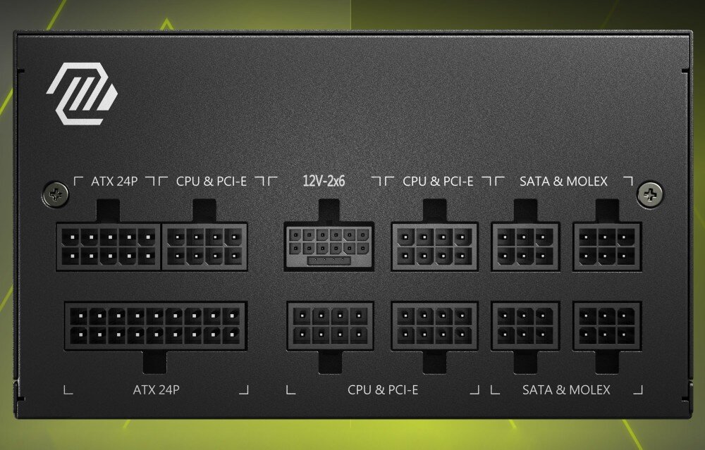 Zasilacz MSI MAG A850GL II Panel modularny zasilacza z opisanymi złączami typu ATX, CPU, PCI-E, 12V-2x6, SATA i Molex, z żółtym podświetleniem w tle, standard, modularne okablowanie
