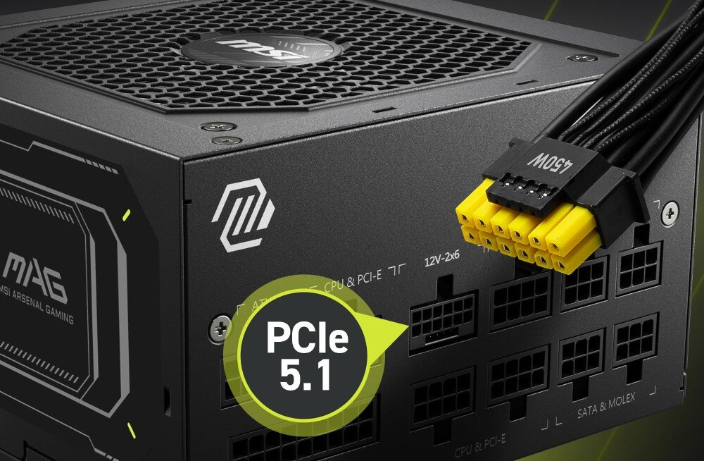 Zasilacz MSI MAG A850GL II Wtyczka PCIe 5.1 o mocy 450 W z żółtymi końcówkami, wpięta w dedykowane złącze na obudowie zasilacza z logo 'MAG', złacze 16-pin PCIe, podłączenie kart graficznych
