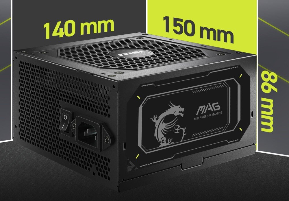 Zasilacz MSI MAG A850GL II Widok z boku na zasilacz z zaznaczonymi wymiarami 150 mm, 140 mm i 86 mm, widoczne są gniazda i logo 'MSI Arsenal Gaming', wielkość, format