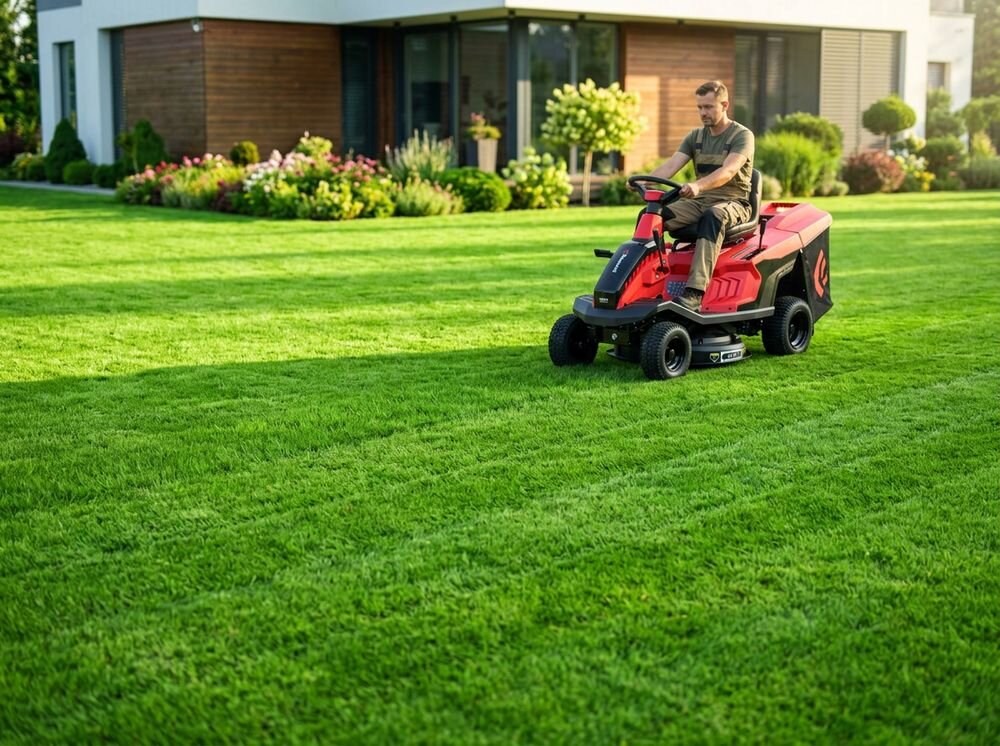 Traktor ogrodowy FAWORYT Rider TR66 ML, rider, koszenie, ogród, trawnik, Mężczyzna jadący kompaktowym traktorkiem kosiarką na tle nowoczesnej posiadłości