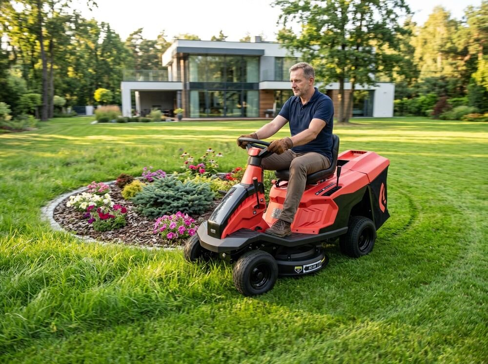 Traktor ogrodowy FAWORYT Rider TR66 ML, rider, silnik, koszenie, murawa, Szerokie ujęcie trawnika ze starannie skoszonymi pasami i traktorkiem w tle.