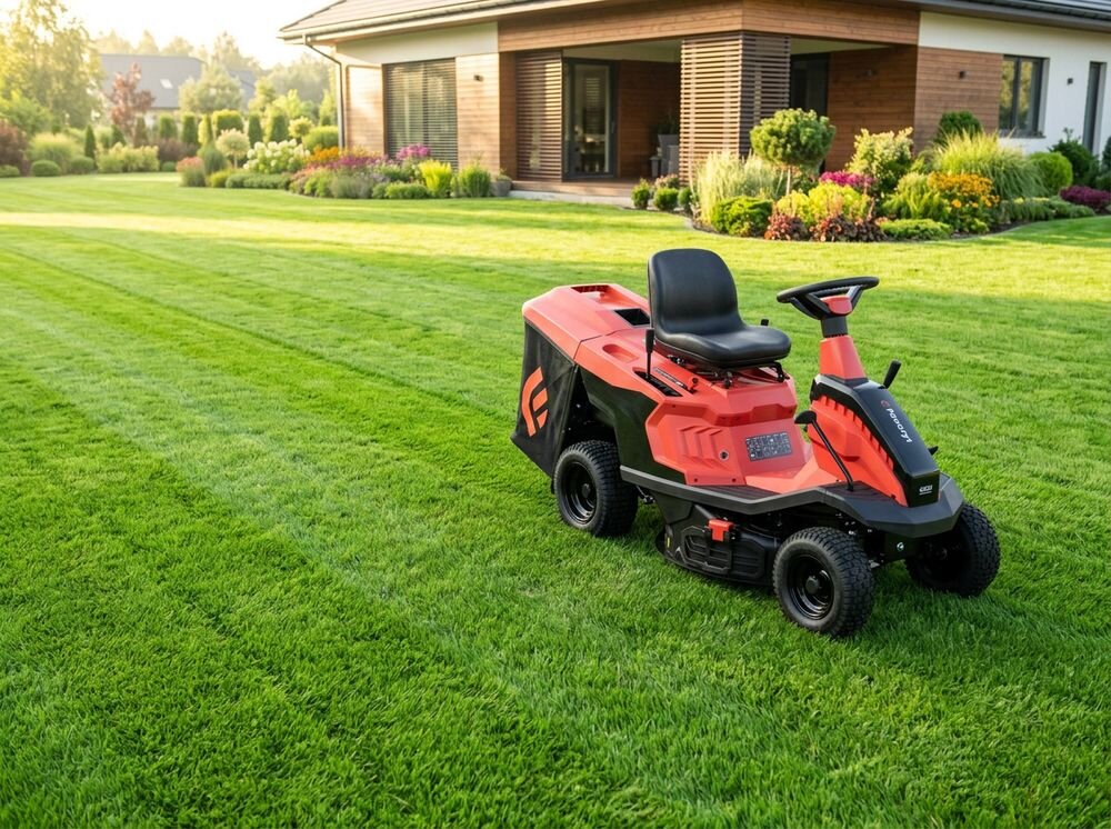 Traktor ogrodowy FAWORYT Rider TR66 ML, skrzynia, biegi, manewrowanie, cofanie, Zbliżenie na idealnie przyciętą linię trawy na pierwszym planie.