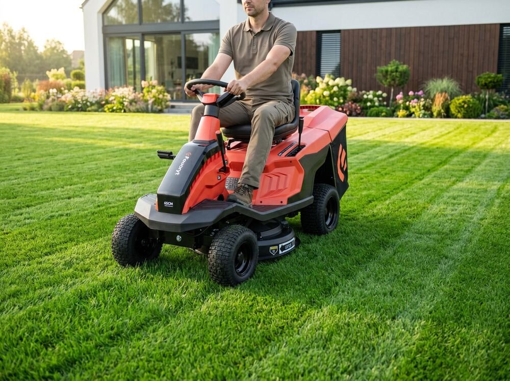 Traktor ogrodowy FAWORYT Rider TR66 ML, fotel, zaczep, bezpieczeństwo, obudowa, Mężczyzna koszący rozległą przestrzeń zieloną przed jednorodzinnym domem.