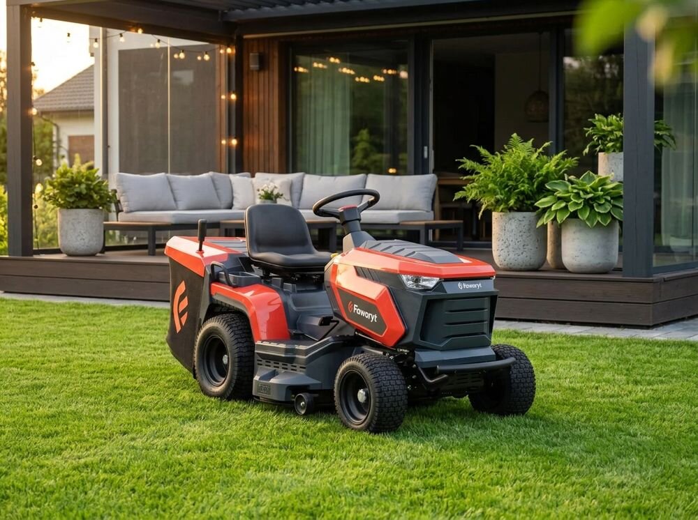 Traktor ogrodowy FAWORYT TR92 H, traktor, silnik, koszenie, trawnik, Traktorek kosiarka Faworyt zaparkowany na trawniku przed tarasem domu.
