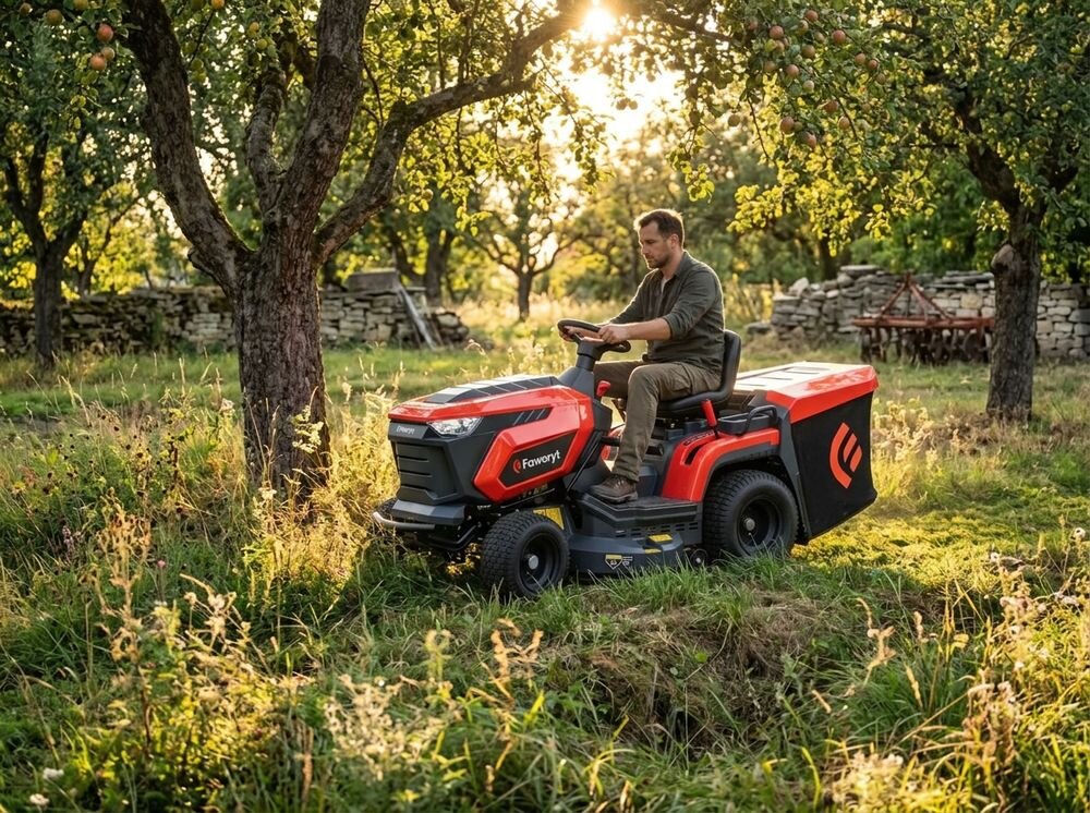 Traktor ogrodowy FAWORYT TR92 H, silnik, moc, rozruch, zasilanie, Traktorek-kosiarka Faworyt podczas pracy w sadzie pomiędzy drzewami.