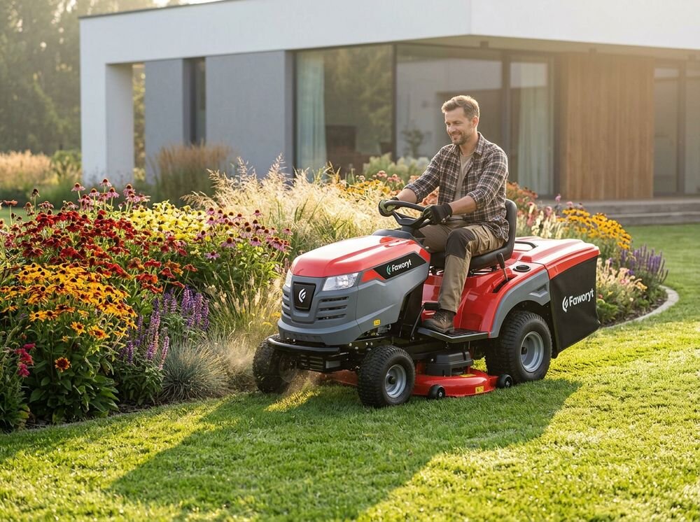 Traktor ogrodowy FAWORYT TR92 H, przekładnia, płynność, manewrowanie, skręt, Traktorek kosiarka Faworyt prowadzony przez mężczyznę w pobliżu rabaty z kolorowymi kwiatami.