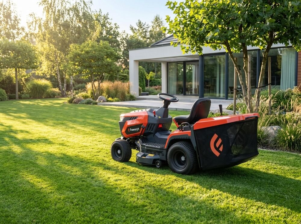 Traktor ogrodowy FAWORYT TR92 H, kosz, pojemność, wskaźnik, zbiornik, Widok z profilu na traktorek-kosiarkę Faworyt stojący na zadbanym trawniku w ogrodzie.