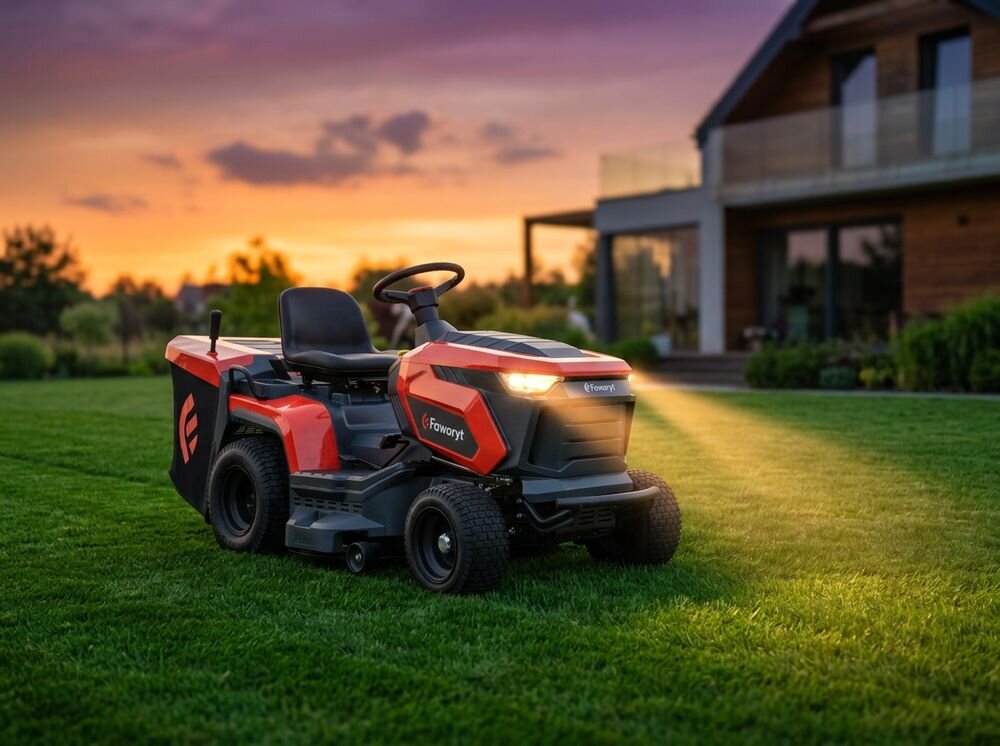 Traktor ogrodowy FAWORYT TR92 H, fotel, oświetlenie, zderzak, bezpieczeństwo, Traktorek kosiarka Faworyt z włączonymi reflektorami LED o zachodzie słońca.