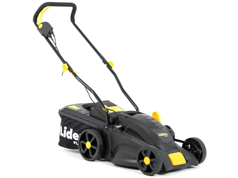 Kosiarka elektryczna LIDER PLUS GTK1400 1400W 340mm kosiarka na białym tle widoczna od przodu pod skosem zadbany trawnik skuteczne koszenie piękna trawa