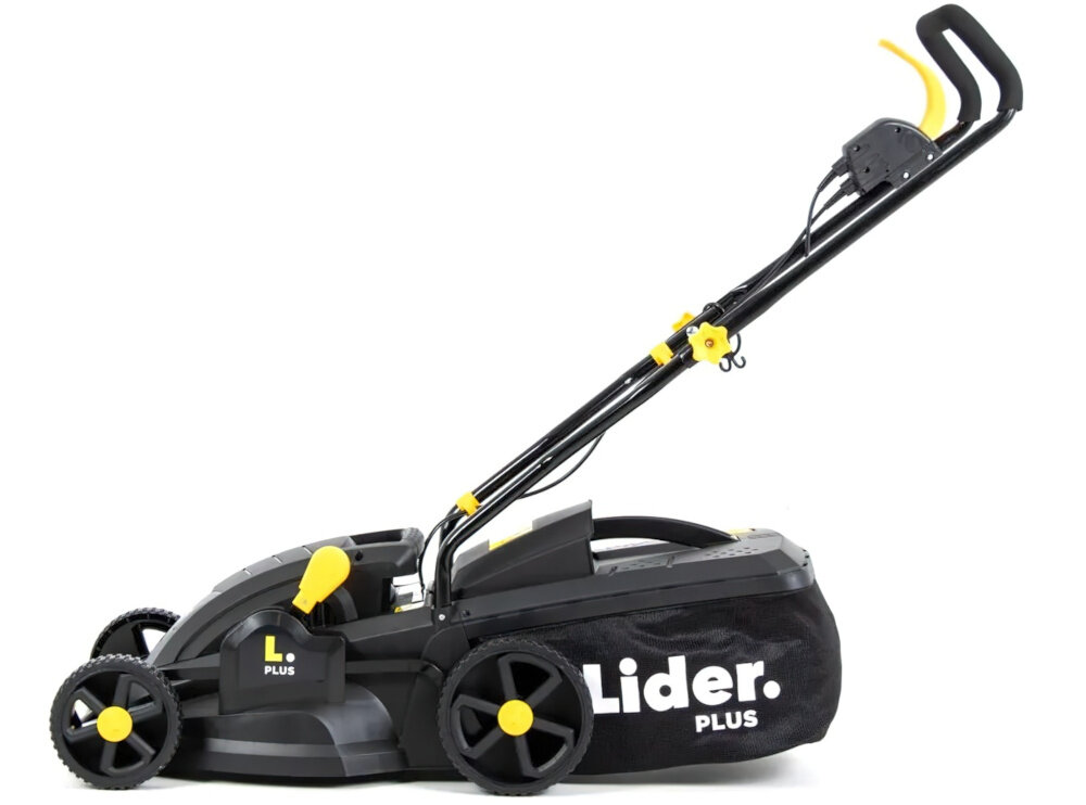 Kosiarka elektryczna LIDER PLUS GTK1400 1400W 340mm kosiarka na białym tle widoczna z boku szczotkowy silnik o mocy 1400 W stała wydajność szerokość robocza 34 cm estetyka ogrodu oszczędność czasu wygoda