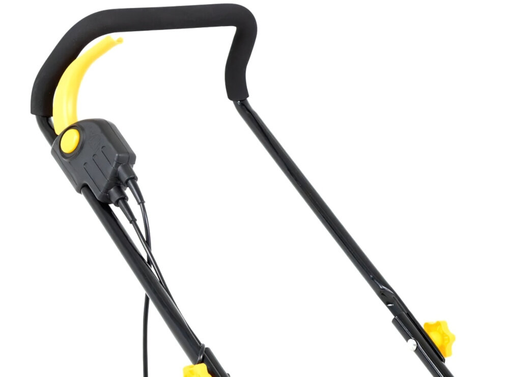 Kosiarka elektryczna LIDER PLUS GTK1400 1400W 340mm zbliżenie na uchwyt białe tło uchwyt pokryto miękką okładziną komfort pracy składana rączka łatwe przechowywanie