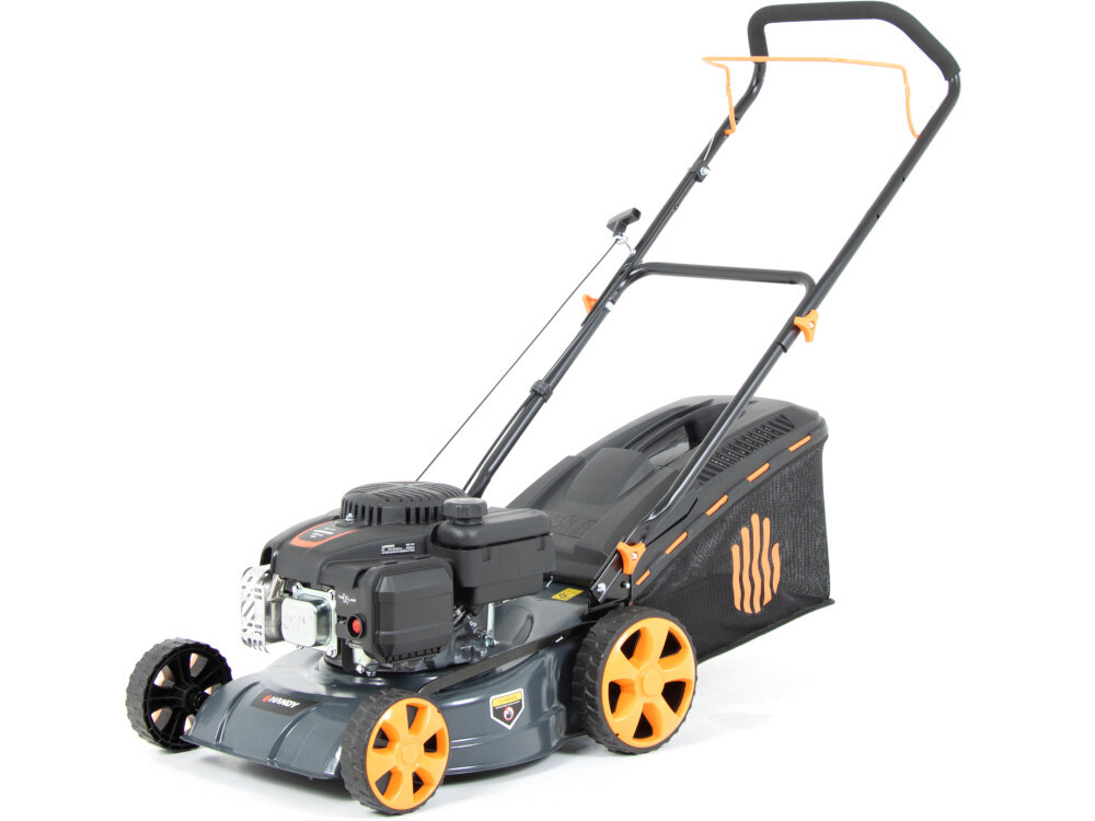 Kosiarka spalinowa HANDY SH41P123L Loncin LC1P65FE-3 410mm 2.1kW kosiarka na białym tle widoczna od przodu pod skosem koszenie trawy zadbany ogród zadbany trawnik mobilność