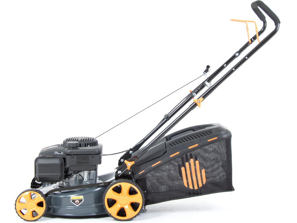 Kosiarka spalinowa HANDY SH41P123L Loncin LC1P65FE-3 410mm 2.1kW kosiarka na białym tle widoczna z boku sprawdzony rozrusznik ręczny szybkie i pewne uruchamianie silnika pociągnąć za linkę mechanizm działa lekko i płynnie