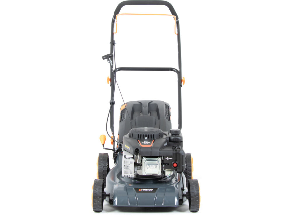 Kosiarka spalinowa HANDY SH41P123L Loncin LC1P65FE-3 410mm 2.1kW kosiarka na białym tle widoczna od przodu wytrzymała obudowa wykonana ze stali o wadze 22,3 kg trwałość odporność na uszkodzenia mechaniczne stalowa konstrukcja oferuje większą stabilność i dłuższą żywotność urządzenia