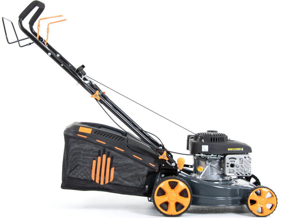 Kosiarka spalinowa HANDY HAK SH41N123L Loncin LC1P65FE-3 z napędem 410mm 2.1kW kosiarka na białym tle widoczna z boku solidna kosiarka spalinowa Mocny, czterosuwowy silnik do pracy na małych i średnich powierzchniach (do 600 m2) Lekka konstrukcja ergonomiczna rączka