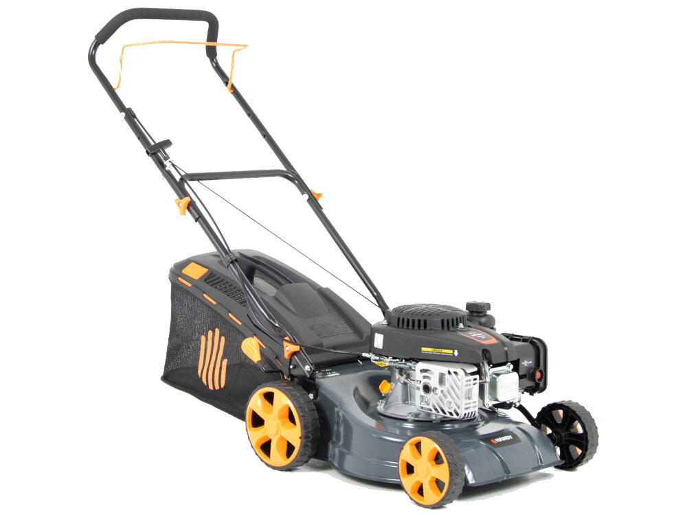 Kosiarka spalinowa HANDY SH53BS750N-4W1 z napędem 530mm 2.68 kW kosiarka na białym tle widoczna od przodu pod skosem koszenie trawy zadbany ogród zadbany trawnik mobilność