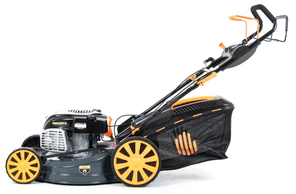 Kosiarka spalinowa HANDY SH53BS750N-4W1 z napędem 530mm 2.68 kW kosiarka na białym tle widoczna z boku sprawdzony rozrusznik ręczny szybkie i pewne uruchamianie silnika pociągnąć za linkę mechanizm działa lekko i płynnie