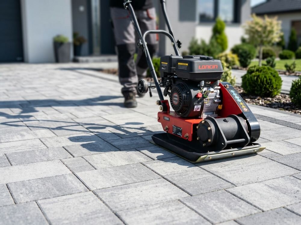 Na obrazie widoczna jest zagęszczarka z napisem \'LONCIN\' na silniku, stojąca na brukowanej powierzchni. W tle znajduje się osoba oraz fragment ogrodu z roślinami.
