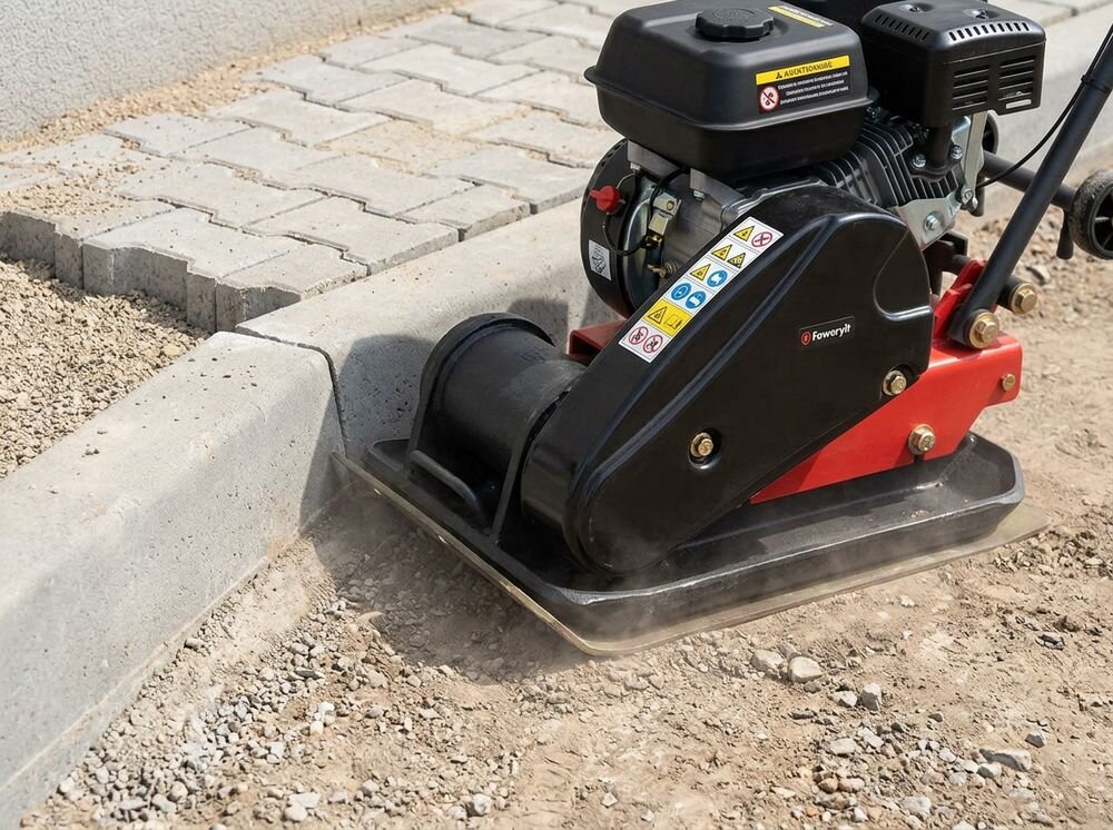 Zagęszczarka z widocznym logo \'Faworyt\' pracuje na powierzchni z kostki brukowej i żwiru. Na urządzeniu znajdują się kolorowe oznaczenia ostrzegawcze.