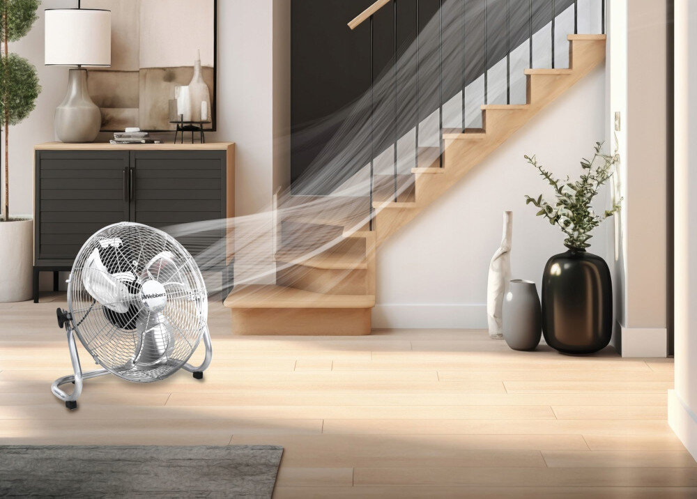 Wentylator WEBBER FF-400A Srebrny Wydajne chłodzenie design tło wizualizacja prezentacja
