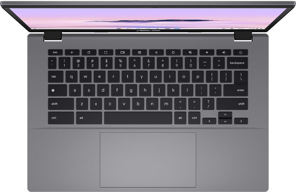 Laptop ASUS Chromebook Plus CB3402CVA-MW0529 Widok z góry na otwarty laptop ukazujący klawiaturę z dużym, wygodnym touchpadem, klawiatura, podświetlenie, touchpad, głośniki, mikrofon