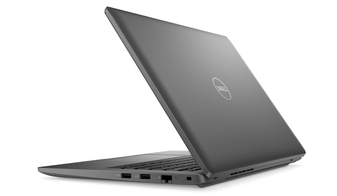 Srebrny laptop DELL Latitude częściowo otwarty pod kątem, z logo DELL na pokrywie i bocznymi portami USB oraz RJ-45 wskazującymi na możliwości zabezpieczeń sprzętowych. - Wielowarstwowe zabezpieczenia DELL Safe ID  