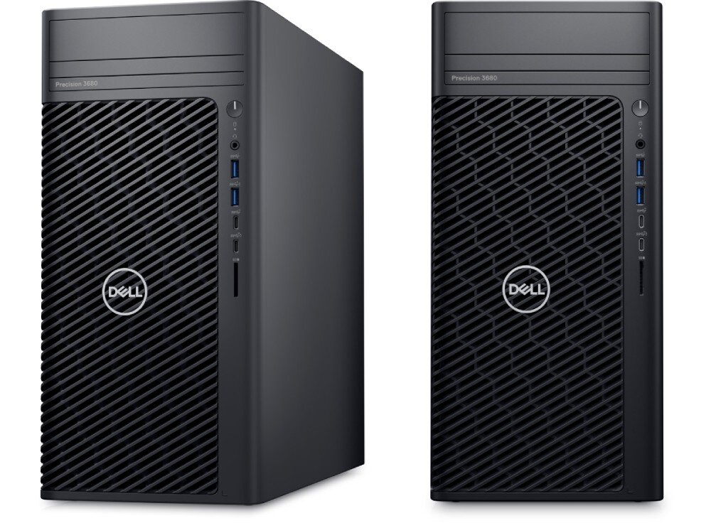 Komputer DELL Precision 3680 MT Dwa komputery stacjonarne obok siebie, ukazujące przedni panel. Obudowa ma prostą konstrukcję z widocznymi portami USB i przyciskiem zasilania, przeznaczenie, cechy, zalety