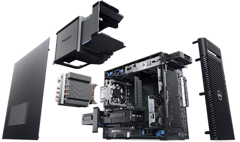 Komputer DELL Precision 3680 MT Widok wnętrza obudowy komputera w rozłożonej formie, pokazujący komponenty takie jak układ chłodzenia, płyta główna i zasilacz, wentylacja, chłodzenie