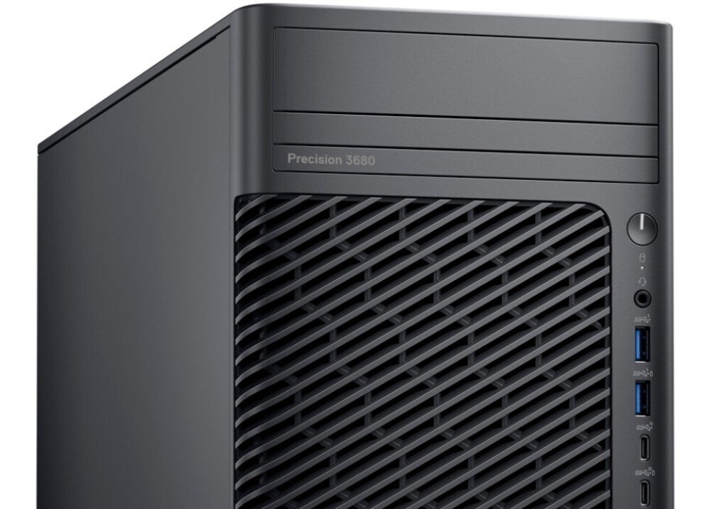 Komputer DELL Precision 3680 MT Zbliżenie przedniej części obudowy komputera, ukazujące siatkowy wzór panelu oraz porty USB i gniazdo słuchawkowe, porty, złącza, podłączenie