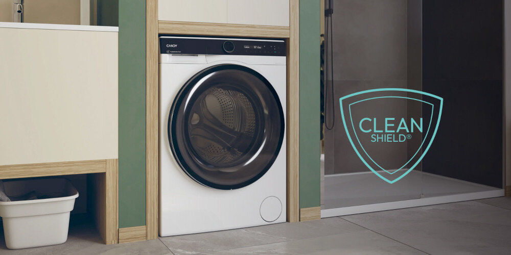 Pralko-suszarka CANDY BWSD 6106B8-S logo front panel pokrętło zabudowa Higieniczne pranie z systemem antybakteryjnym Clean Shield usuwanie bakterii zarazków czyste pranie wolne od bakterii od osadów zapachów certyfikat