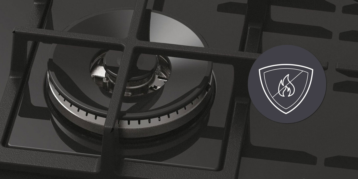 PŁYTA CANDY CVFG6BF4PB lifestyle wizualizacja ikona zbliżenie palnik ruszt bezpieczeństwo Zabezpieczenie przeciwwypływowe gazu odcięcie płomienia ochrona