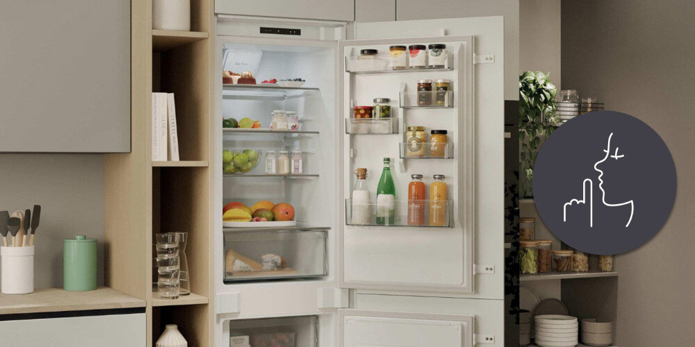 LODÓWKA CANDY ECNBQL3518EV FRESCO 400 wizualizacja ikona kuchnia zabudowa dekoracje szafki kuchenne otwarta chłodziarka wnętrze półki szuflady balkoniki cicha praca komfort 38 dB relaks bez zakłóceń