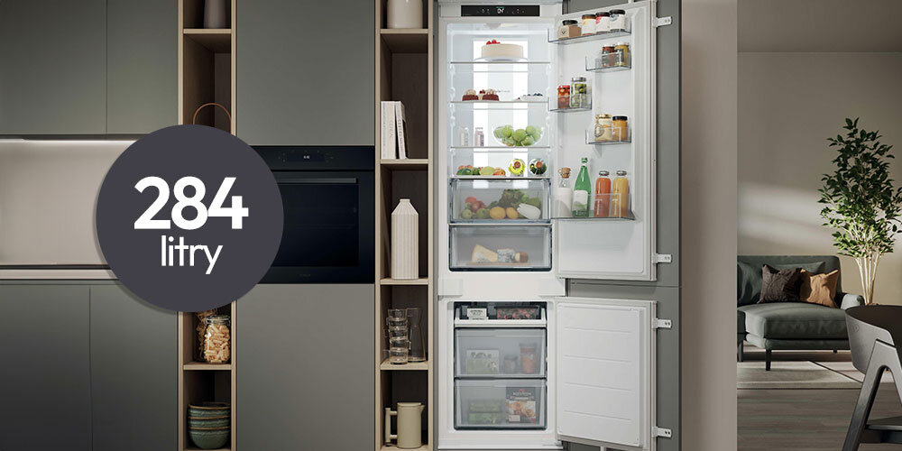 LODÓWKA CANDY CNBQT5519DW wizualizacja ikona otwarta wnętrze półki szuflady produkty kuuchnia szafki dekoracje urządzenia AGD zabudowa Duża pojemność – 284 l