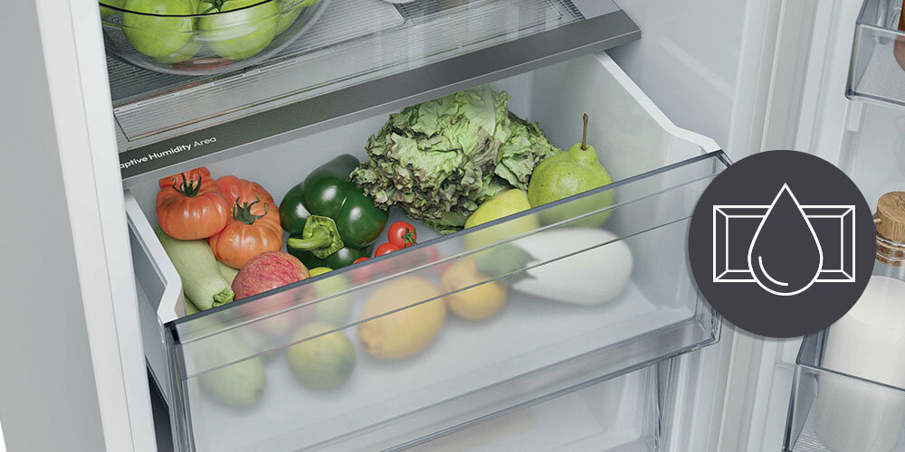 LODÓWKA CANDY CNBQT5519DW wizualizacja gif ikona wnętrze szuflada otwarta warzywa owoce świeżość Fresh Humidity Area poziom wilgotności regulacja