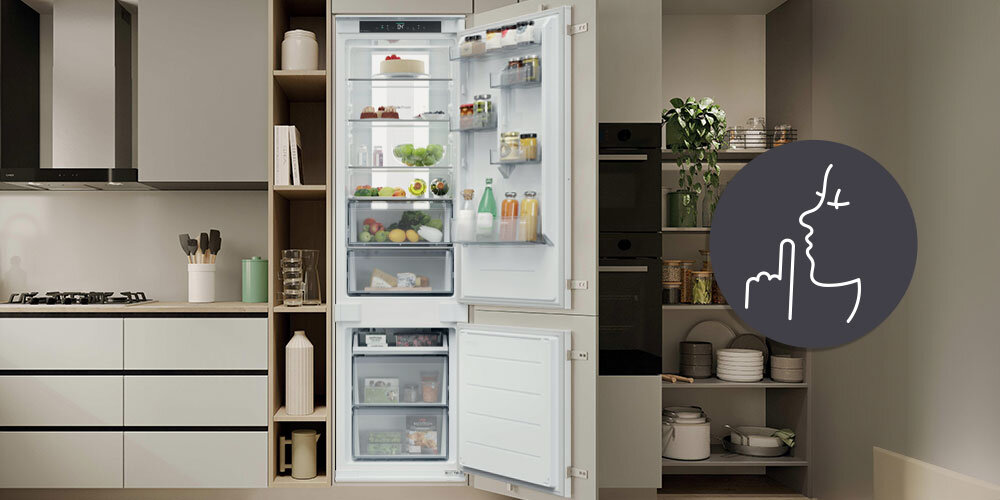 LODÓWKA CANDY CNBQT5519DW wizualizacja ikona otwarta wnętrze jasne poziom dźwięku 33 dB cicha praca