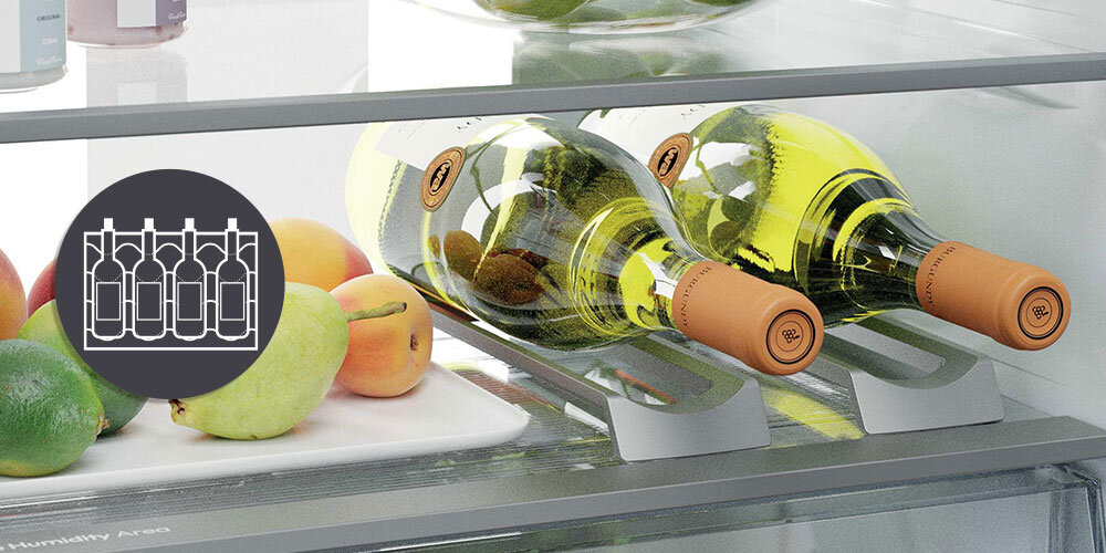 LODÓWKA CANDY CNBQT5519DW wizualizacja ikona Praktyczne stojaki półka wnętrze wino położone na półce butelki szkło Wygodne przechowywanie wina