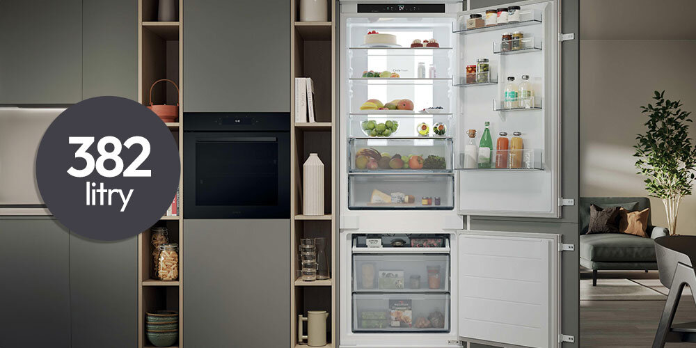 LODÓWKA CANDY CNBQT5719DW wizualizacja ikona otwarta wnętrze półki szuflady produkty kuuchnia szafki dekoracje urządzenia AGD zabudowa Duża pojemność – 382 l