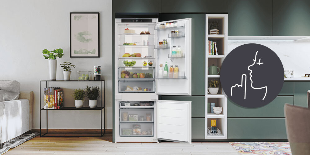 LODÓWKA CANDY CNBQT5719DW wizualizacja ikona otwarta wnętrze jasne poziom dźwięku 33 dB cicha praca