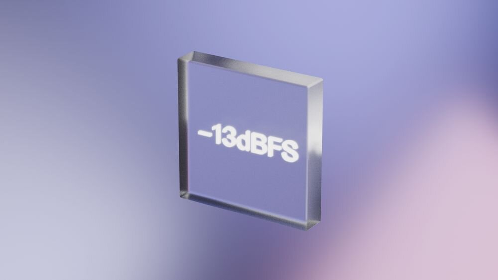 Obraz przedstawia przezroczysty sześcian z napisem \'-13dBFS\' na fioletowym tle.